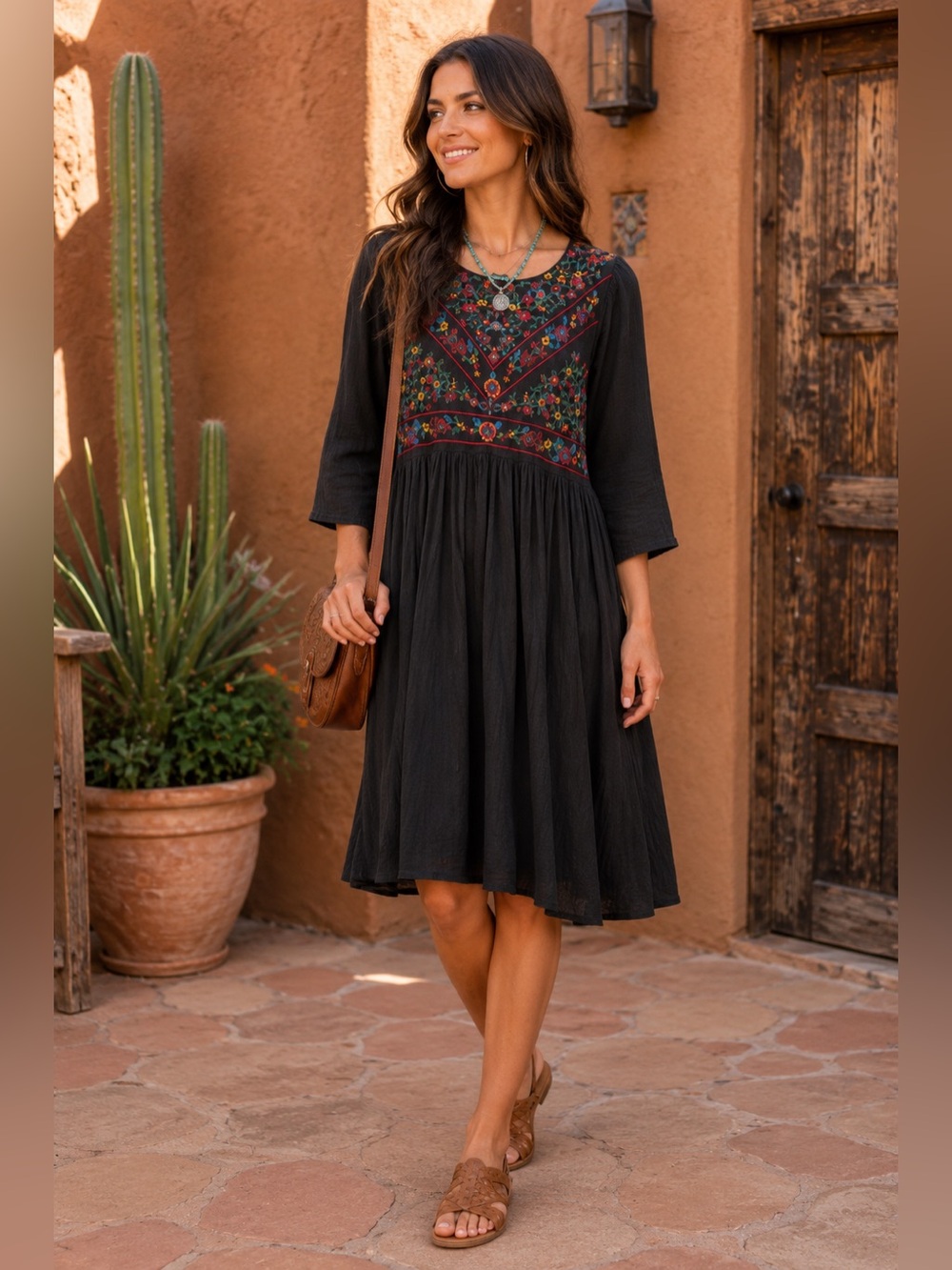 Umgee Embroidered Boho Babydoll Dress Black Floral Bell Sleeve Size S